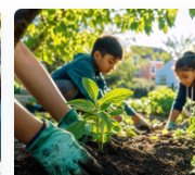 Community volunteers planting a young green seedling.